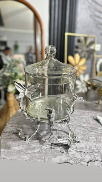 کلمن شیشه ای شربت طرح شاخ و برگ آلومینیومی